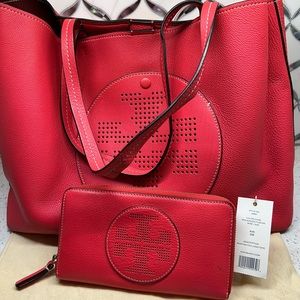 Tory Burch perforated logo tote with matching wallet
